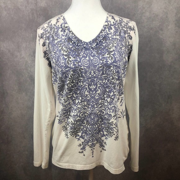 Weekends by Chico's Shirt Women 1 Medium Long Sleeve Rhinesone Floral Cotton Top - Picture 1 of 14